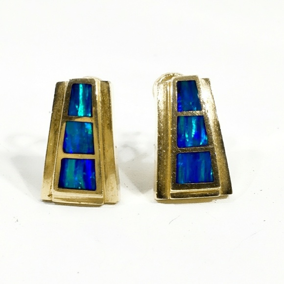 Vintage 14K Gold Lightning Ridge Black Opal Earrings - Picture 1 of 6